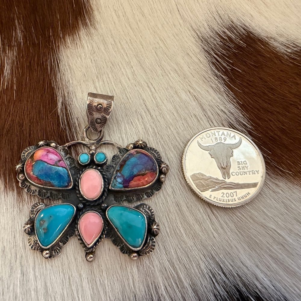 ❤️ Huge Butterfly Navajo Style 925 Pendant Dahlia Conch Kingman Turquoise 19.3G - Picture 3 of 11